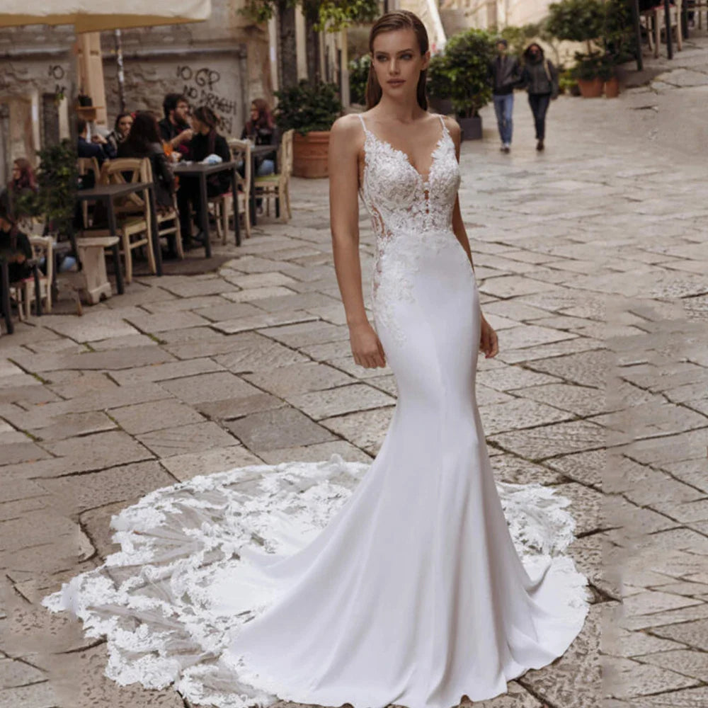 High Quality Spaghetti Straps Wedding Dresses V-Neck Backless Bride Gowns Lace Appliques Sweep Train Mermaid Vestido De Noiva-payinti