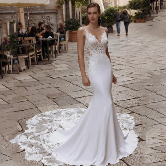 High Quality Spaghetti Straps Wedding Dresses V-Neck Backless Bride Gowns Lace Appliques Sweep Train Mermaid Vestido De Noiva-payinti