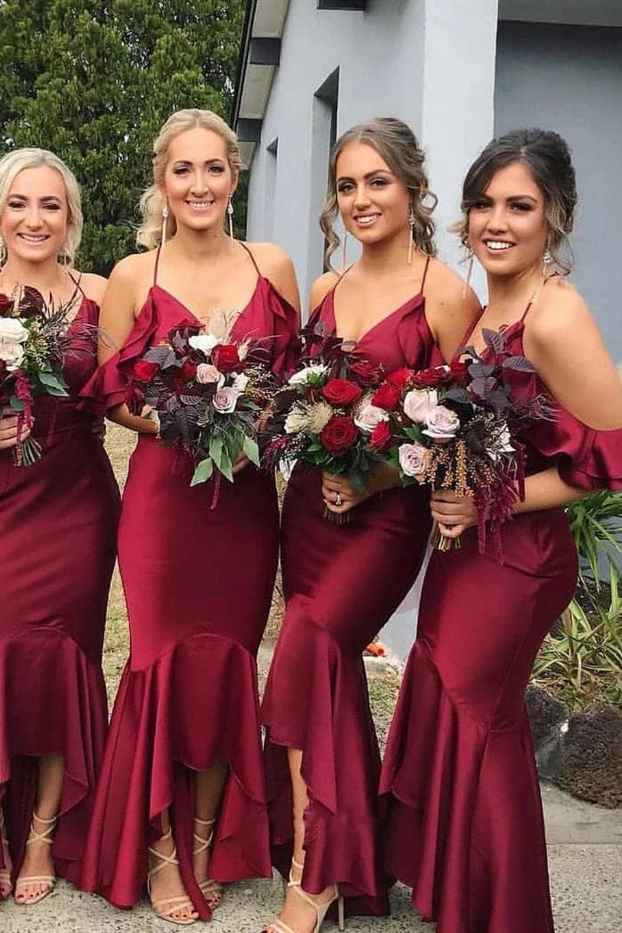 High Low Mermaid Burgundy Bridesmaid Dress SCB56