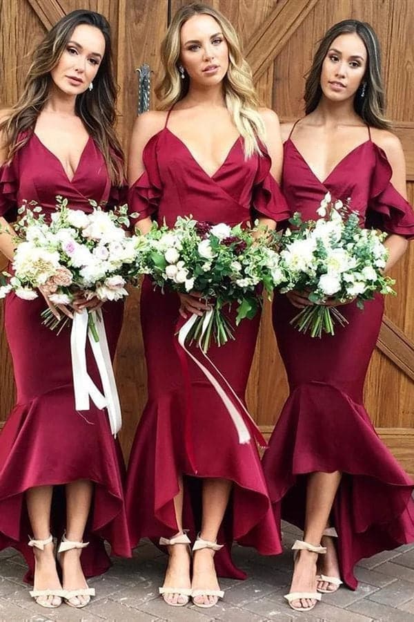 High Low Mermaid Burgundy Bridesmaid Dress SCB56