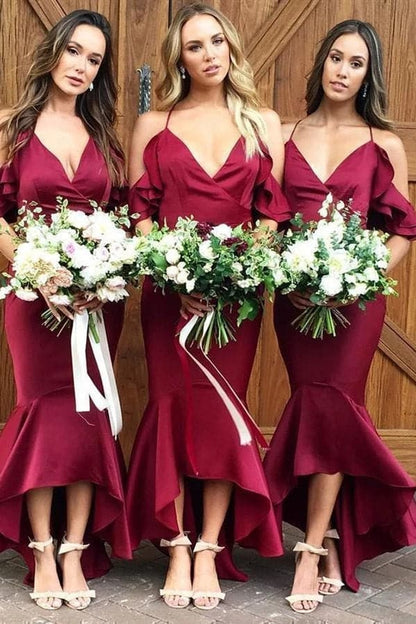 High Low Mermaid Burgundy Bridesmaid Dress SCB56