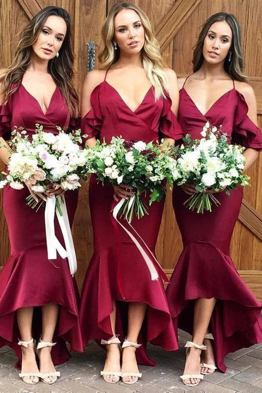 High Low Mermaid Burgundy Bridesmaid Dress SCB56
