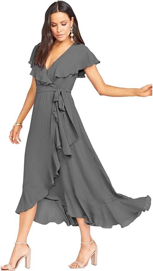 Vestido midi plisado de gasa, corte alto y bajo, para dama de honor SCB38 