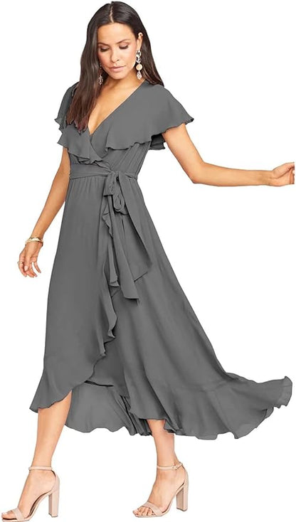 Vestido midi plisado de gasa, corte alto y bajo, para dama de honor SCB38 