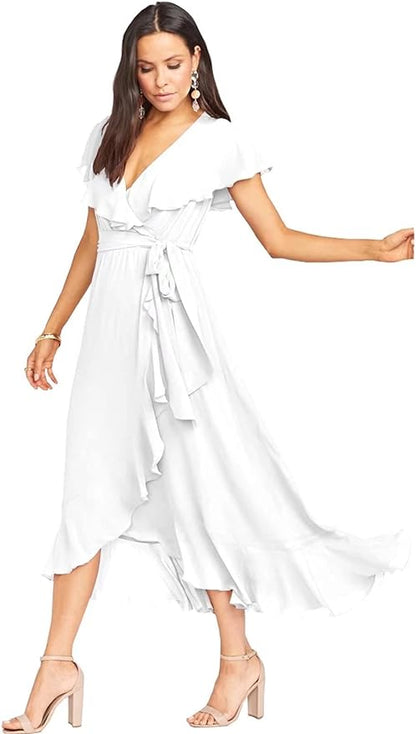 Vestido midi plisado de gasa, corte alto y bajo, para dama de honor SCB38 