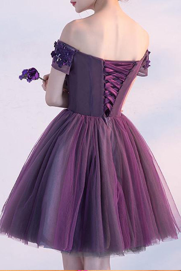 Vestido de baile roxo ombro a ombro curto vestido de baile vestido de festa PD354