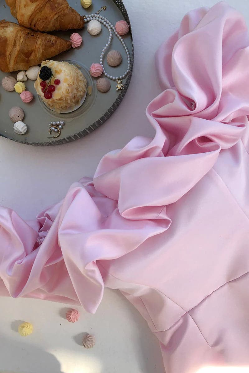 rosa Satin Minikleid Off The Shoulder Kurze Kleider SYH2 