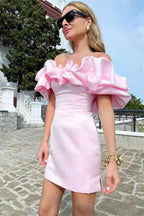 rosa Satin Minikleid Off The Shoulder Kurze Kleider SYH2 