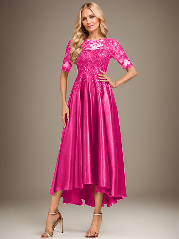 Vestido de madre de la novia de encaje satinado elástico asimétrico con ilusión de escote redondo y lentejuelas