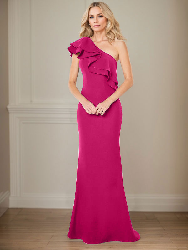 A-Linie One-Shoulder-Bodenlanges Chiffon-Kleid für die Brautmutter mit Rüschen 