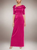 Vestido largo de columna brillante con puños doblados, escote en L y mangas hasta el codo