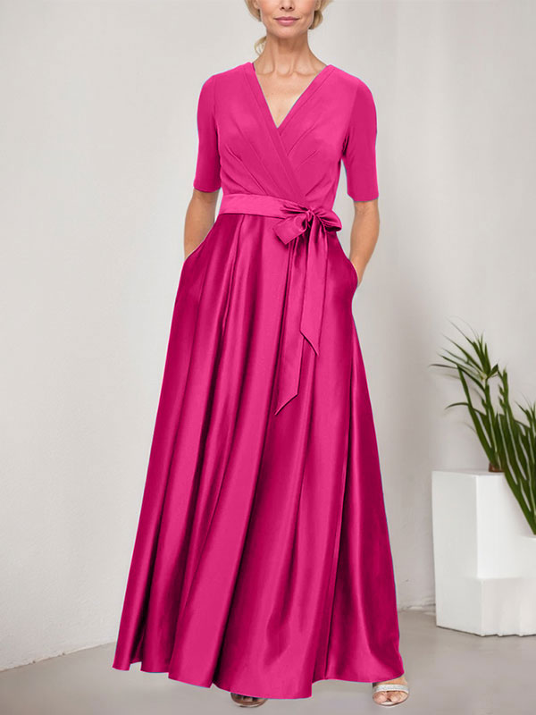 Vestido de gala con escote cruzado, falda de satén y corpiño de jersey