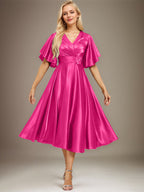 A-Linie V-Ausschnitt Wadenlanges Stretch Satin Kleid für die Brautmutter mit Perlenbesatz Plissee 