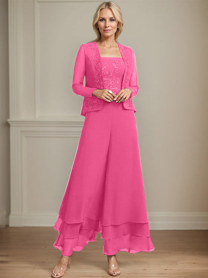 Separates Jumpsuit/Hosenanzug Quadratisches Knöchellanges Spitzenchiffonkleid für die Brautmutter mit Pailletten 