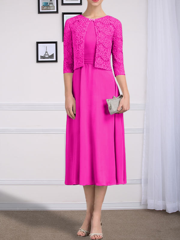 Vestido de gasa para madre de la novia con corte en A, escote redondo y largo hasta la rodilla con pliegues