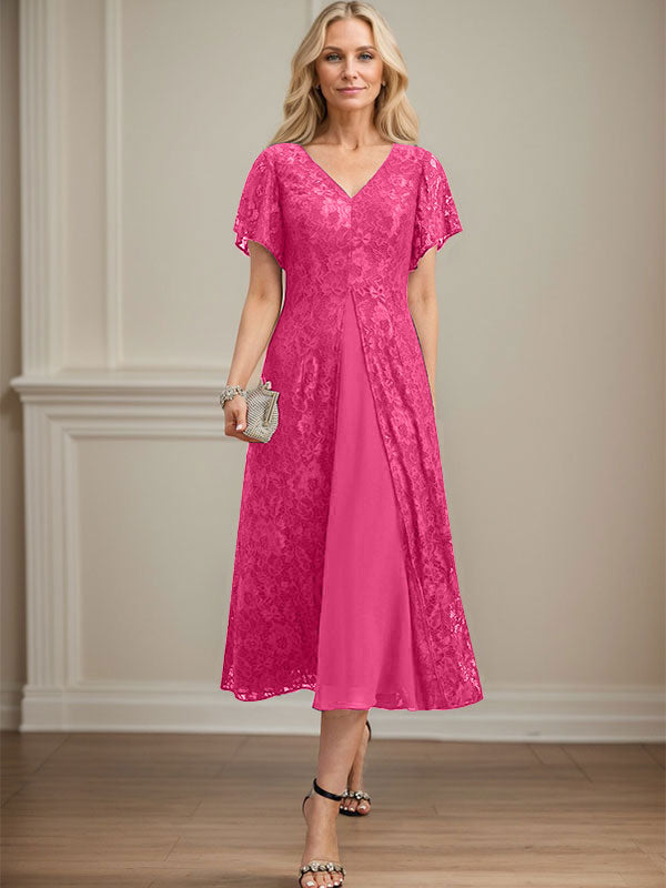 Vestido de gasa con encaje y escote en V para madre de la novia, largo hasta la rodilla