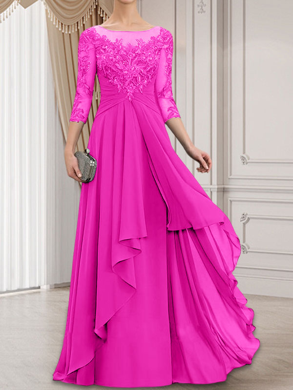 Vestido de gasa con encaje, corte A, escote ilusión, largo hasta el suelo, para madre de la novia con volantes en cascada