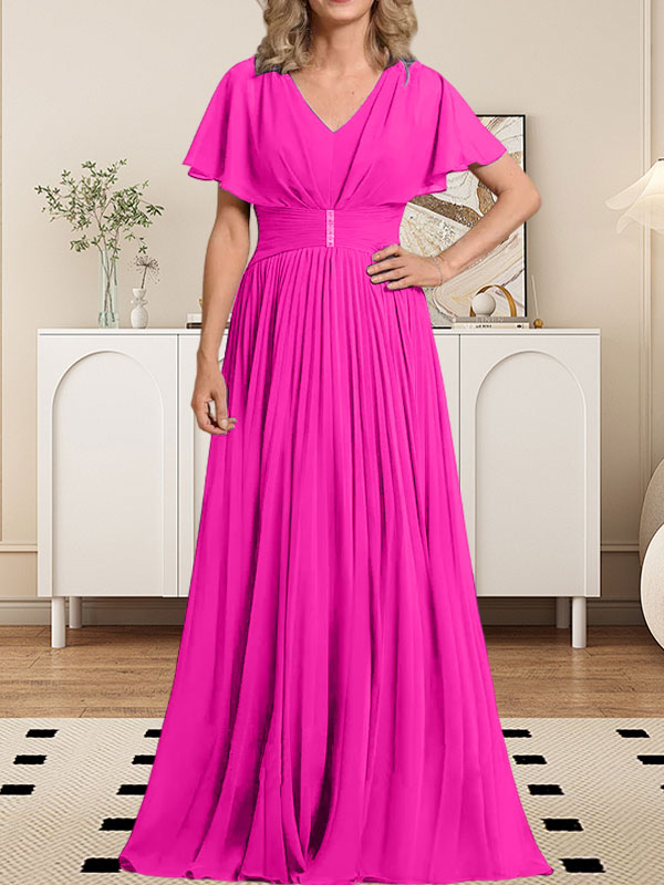 Vestido de gasa para madre de la novia, corte A, escote en V, largo hasta el suelo, con broche de cristal y plisado