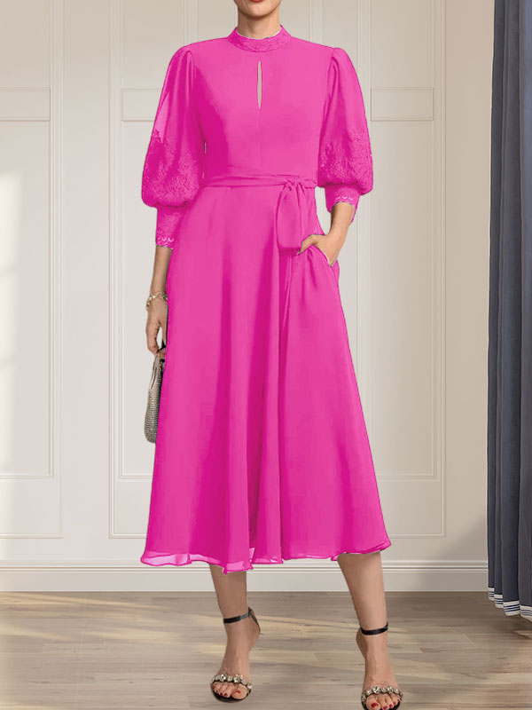 A-line High Neck Tea-Length Lace Chiffon Mother of the Bride Dress With Bow