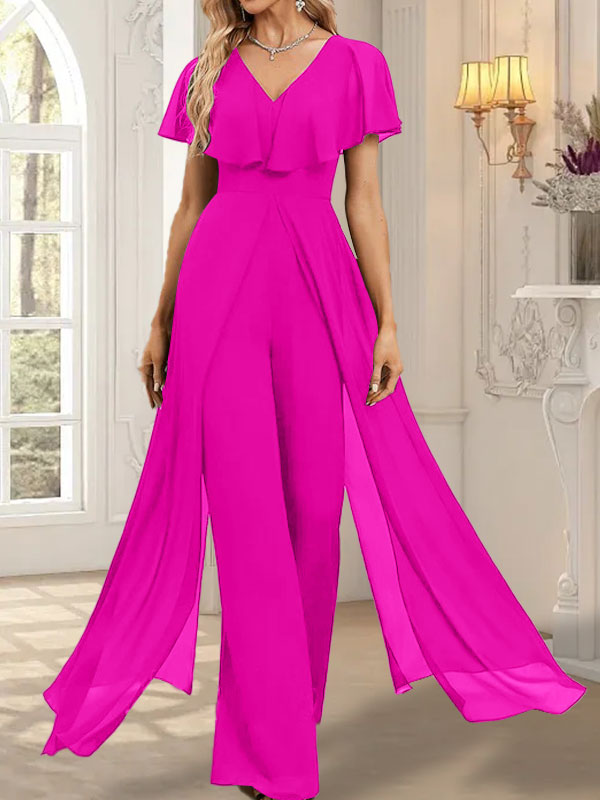 Vestido de noche de gasa con escote en V y largo hasta el suelo, tipo mono/pantalón
