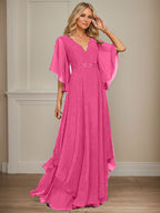 Vestido de gasa para madre de la novia, corte A, escote en V, largo hasta el suelo, con apliques de lentejuelas, encaje y abalorios