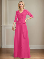 A-Linie V-Ausschnitt Bodenlanges Spitzen-Chiffon-Kleid für die Brautmutter mit kaskadierenden Rüschen und Pailletten 