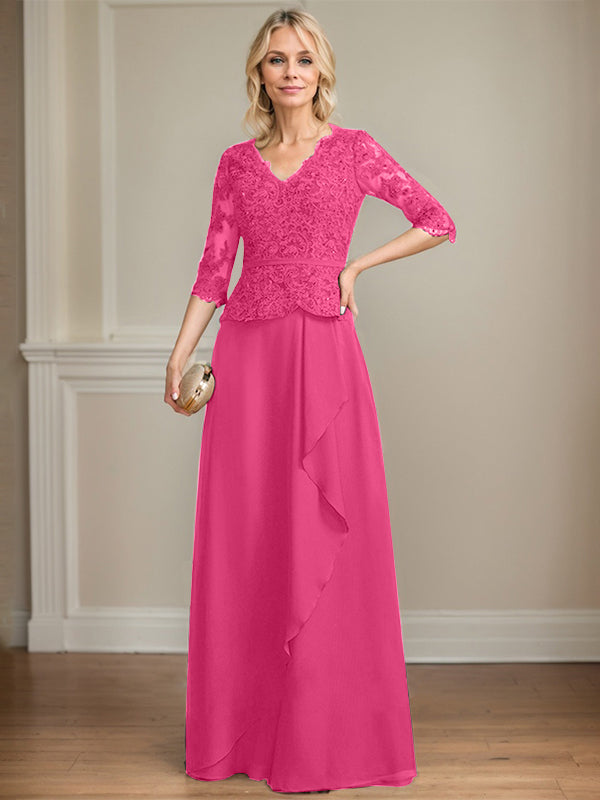 Vestido de madre de la novia de gasa con encaje, escote en V, largo hasta el suelo, con volantes en cascada y lentejuelas