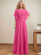 Vestido de gasa con encaje y lentejuelas para madre de la novia, corte A, escote ilusión, largo hasta el suelo