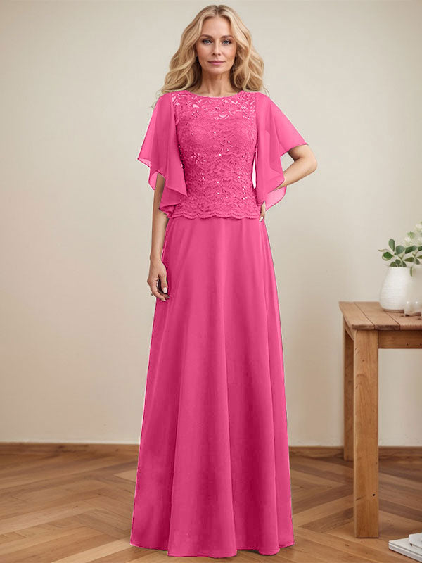 Vestido de gasa con encaje y lentejuelas para madre de la novia, corte A, escote ilusión, largo hasta el suelo