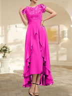 Vestido de madre de la novia de gasa asimétrica con escote en A, ilusión, encaje, lazo, volante y lentejuelas