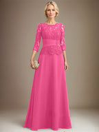 Vestido de gasa con encaje, corte A, ilusión, largo hasta el suelo, para madre de la novia, con lentejuelas plisadas y abalorios