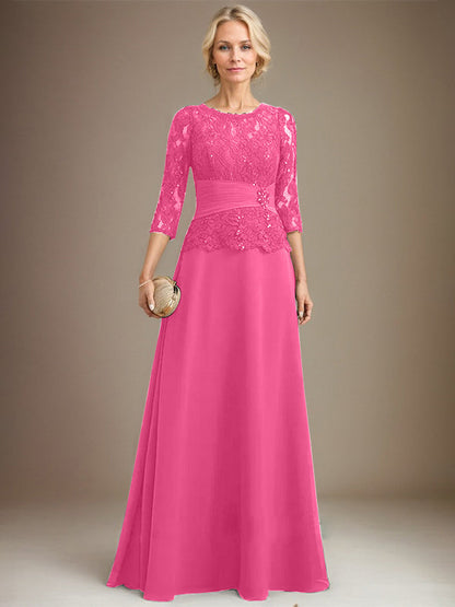 A-line Scoop Illusion Floor-Length Chiffon Lace Mother of the Bride Dress With Pleated Sequins Beading