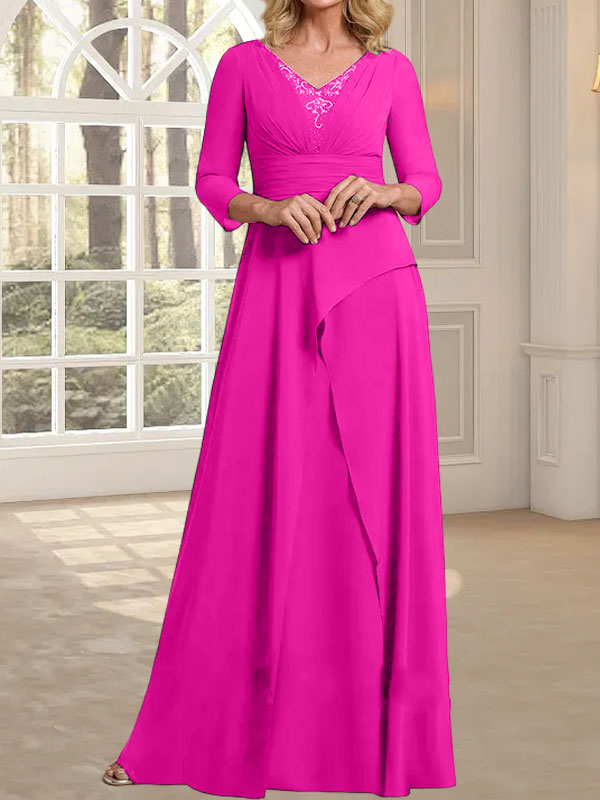 Vestido de gasa para madre de la novia con escote en V, largo hasta el suelo, con pliegues y cuentas