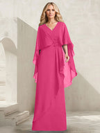 Vestido de gasa para madre de la novia con escote en V, corte A y largo hasta el suelo, con volantes en cascada y cuentas