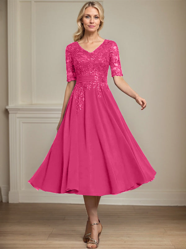 Vestido de gasa con encaje y lentejuelas para madre de la novia, corte A, escote en V y largo hasta la rodilla