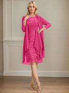 Vestido de madre de la novia de gasa con encaje, escote redondo, ilusión, largo hasta la rodilla, con volantes en cascada y lentejuelas