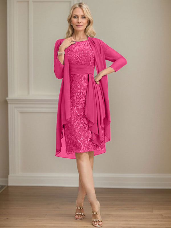 Vestido de madre de la novia de gasa con encaje, escote redondo, ilusión, largo hasta la rodilla, con volantes en cascada y lentejuelas