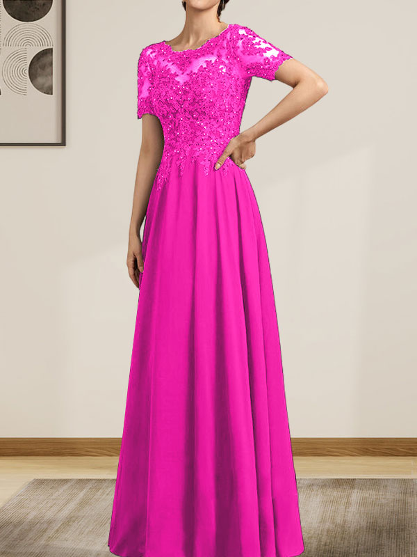 Vestido de gasa con encaje y lentejuelas para madre de la novia, largo hasta el suelo, con escote en A y ilusión