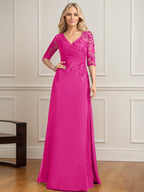 A-Linien-Kleid mit V-Ausschnitt, bodenlangem Spitzenchiffon und plissierten Pailletten 