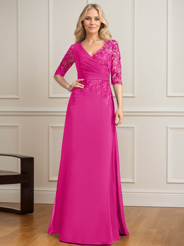 Vestido de madre de la novia de gasa con encaje, escote en V y lentejuelas plisadas hasta el suelo