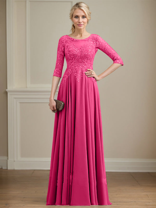 Vestido de gasa con encaje y lentejuelas para madre de la novia, corte A, escote ilusión, largo hasta el suelo