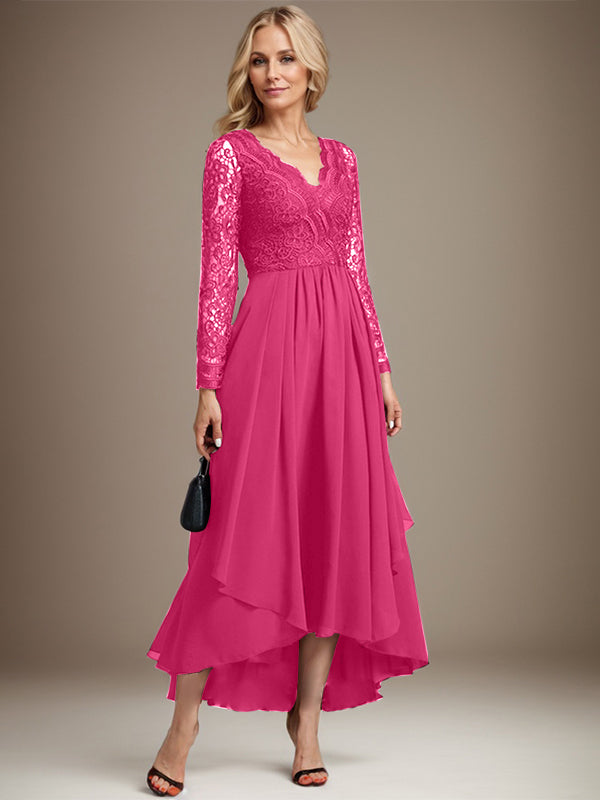 Vestido de madre de la novia de gasa con encaje asimétrico, escote en V y corte A