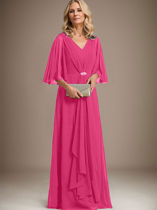 Vestido de gasa para madre de la novia, corte A, escote en V, largo hasta el suelo, con volantes en cascada y broche de cristal