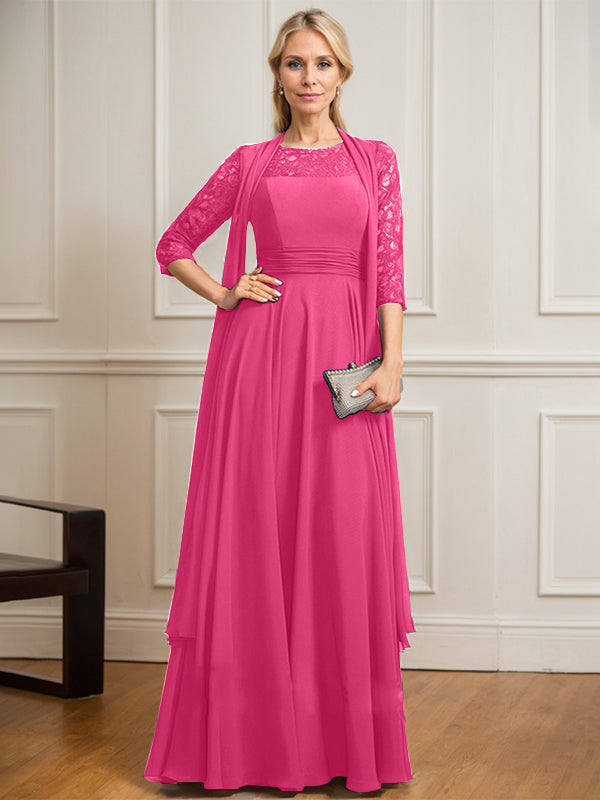 Vestido de gasa de encaje con ilusión de corte A hasta el suelo para madre de la novia con pliegues