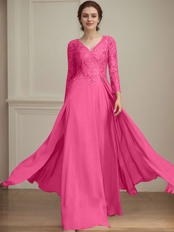 A-Linie V-Ausschnitt Bodenlanges Spitzen-Chiffon-Kleid für die Brautmutter mit Pailletten 
