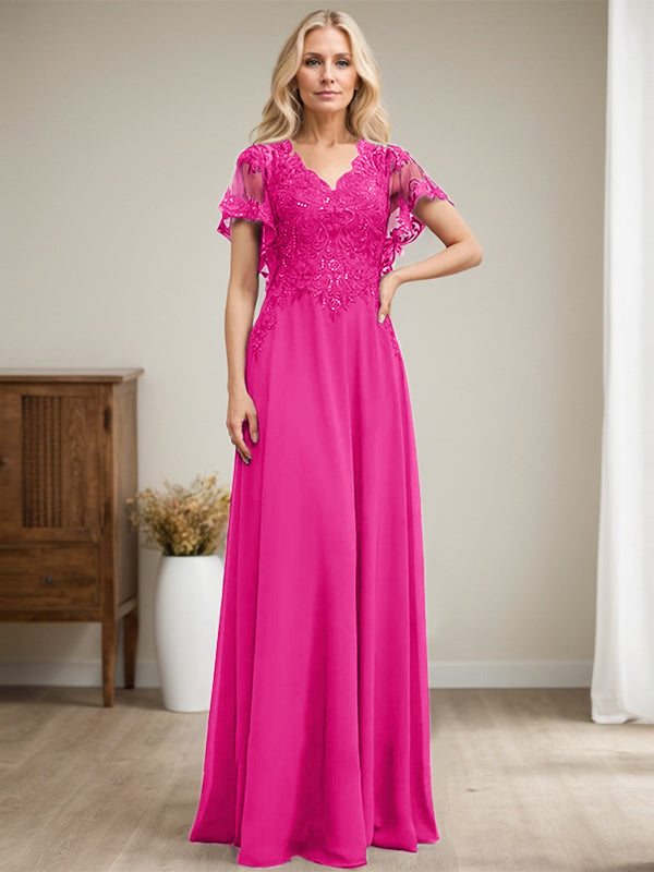 A-Linie V-Ausschnitt Bodenlanges Spitzenchiffonkleid für die Brautmutter mit Pailletten 