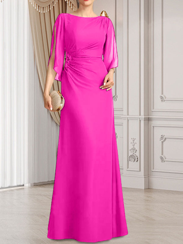Vestido de gasa para madre de la novia con corte tubo/columna, escote redondo y largo hasta el suelo, con cuentas plisadas
