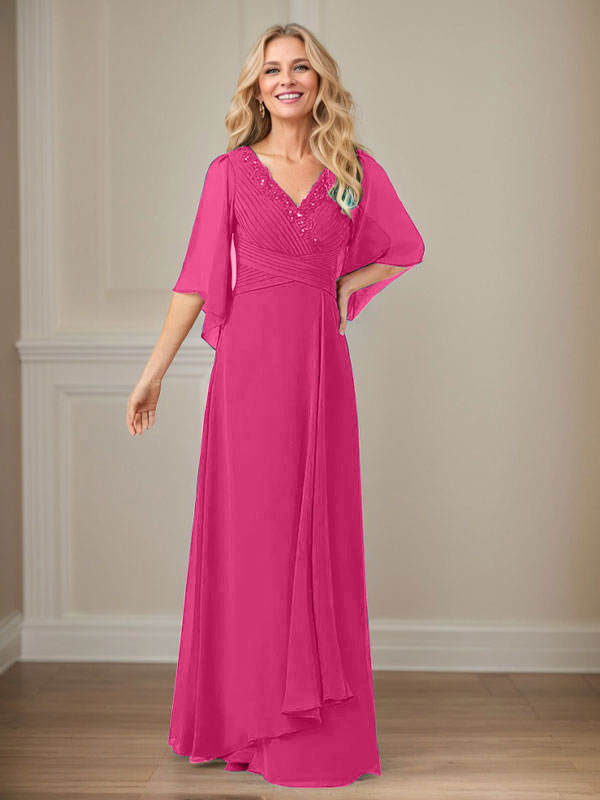A-Linie V-Ausschnitt Lange Pailletten Chiffon Mutterkleid