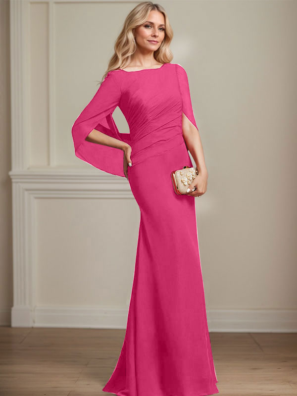 Vestido de madre de la novia de gasa con escote barco, corte trompeta/sirena, largo hasta el suelo, con pliegues