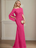Vestido de madre de la novia de gasa con escote barco, corte trompeta/sirena, largo hasta el suelo, con pliegues